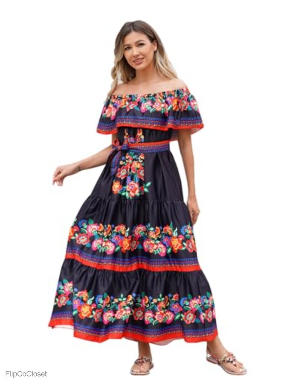 Off Shoulder Floral Maxi Dress Sleeveless A-Line with Belt